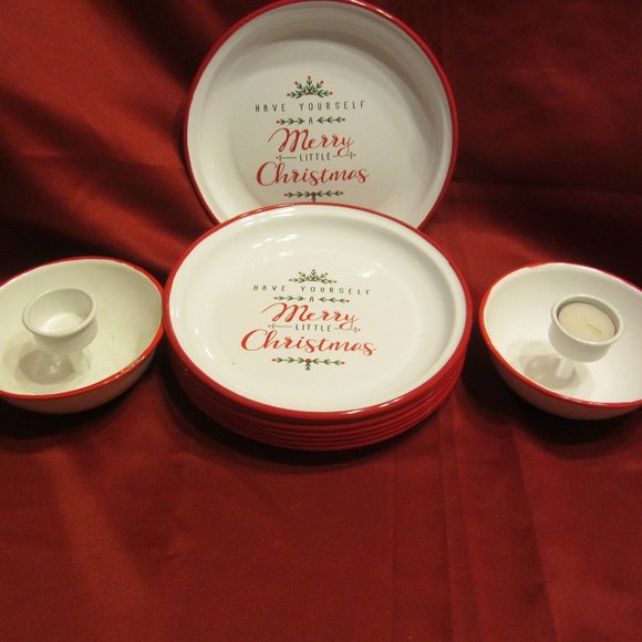 ENAMEL CHRISTMAS DINING SET, 10 ITEMS, PLATES W/CANDLES TO MATCH - Picture 1 of 8